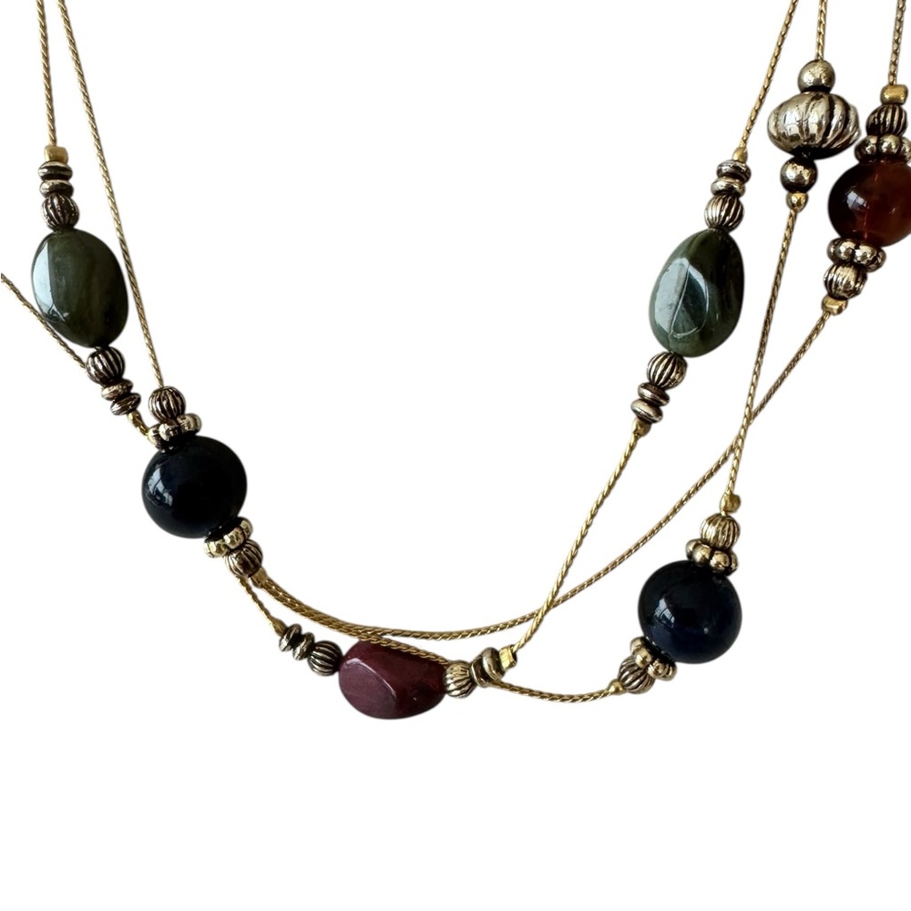 Women's Red Green Blue Beaded Gold Tone Necklace 2 Layer Y2K Boho Festival Party - Picture 2 of 4